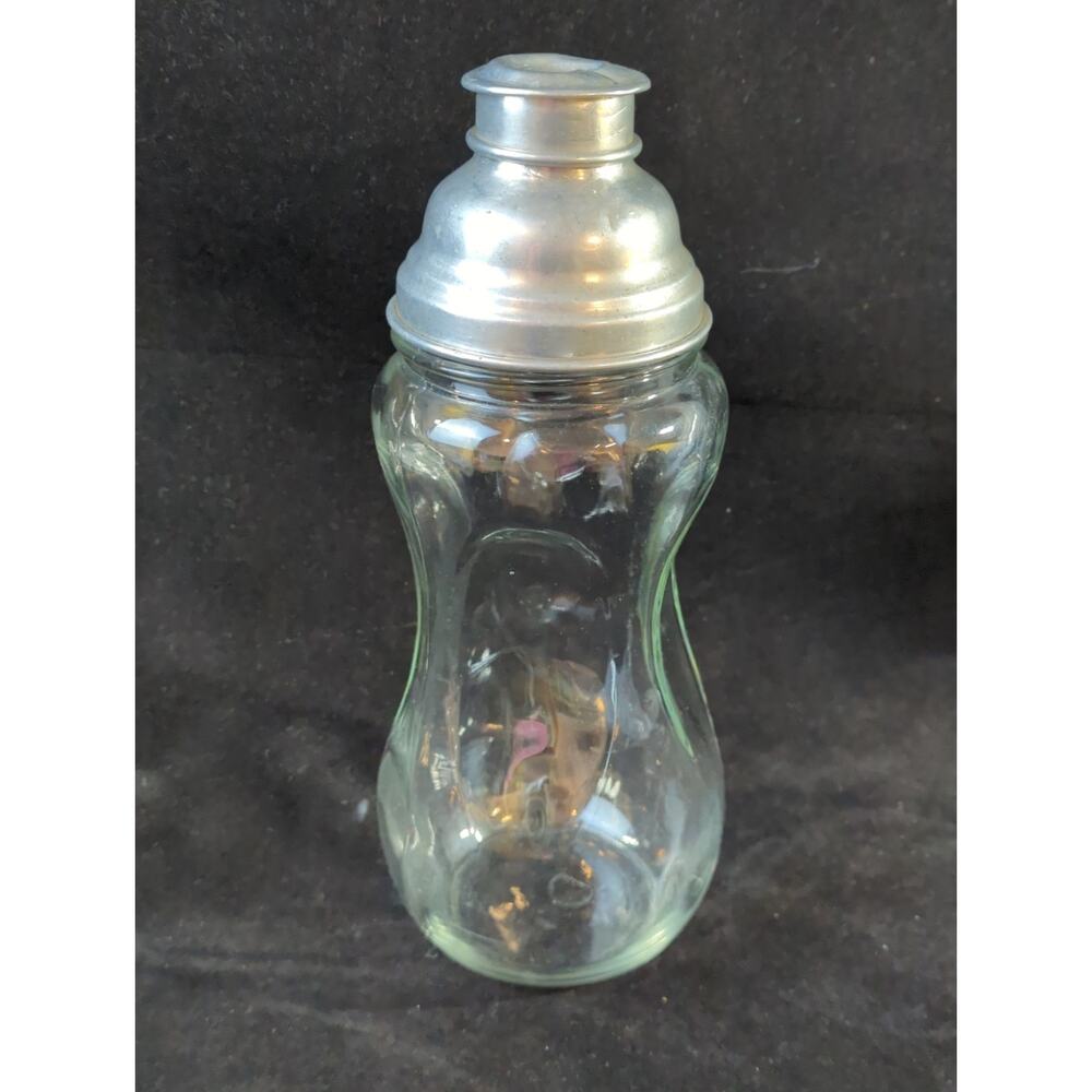 Art Deco Glass Pinched Sides Cocktail Shaker Aluminum Lid & Cap
